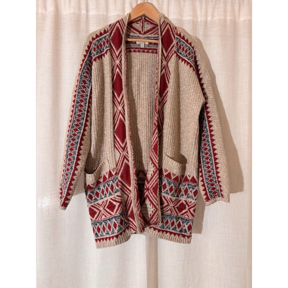 Lucky Brand Aztec Boho Cotton Acrylic Cardigan Sweater Open Front Size L